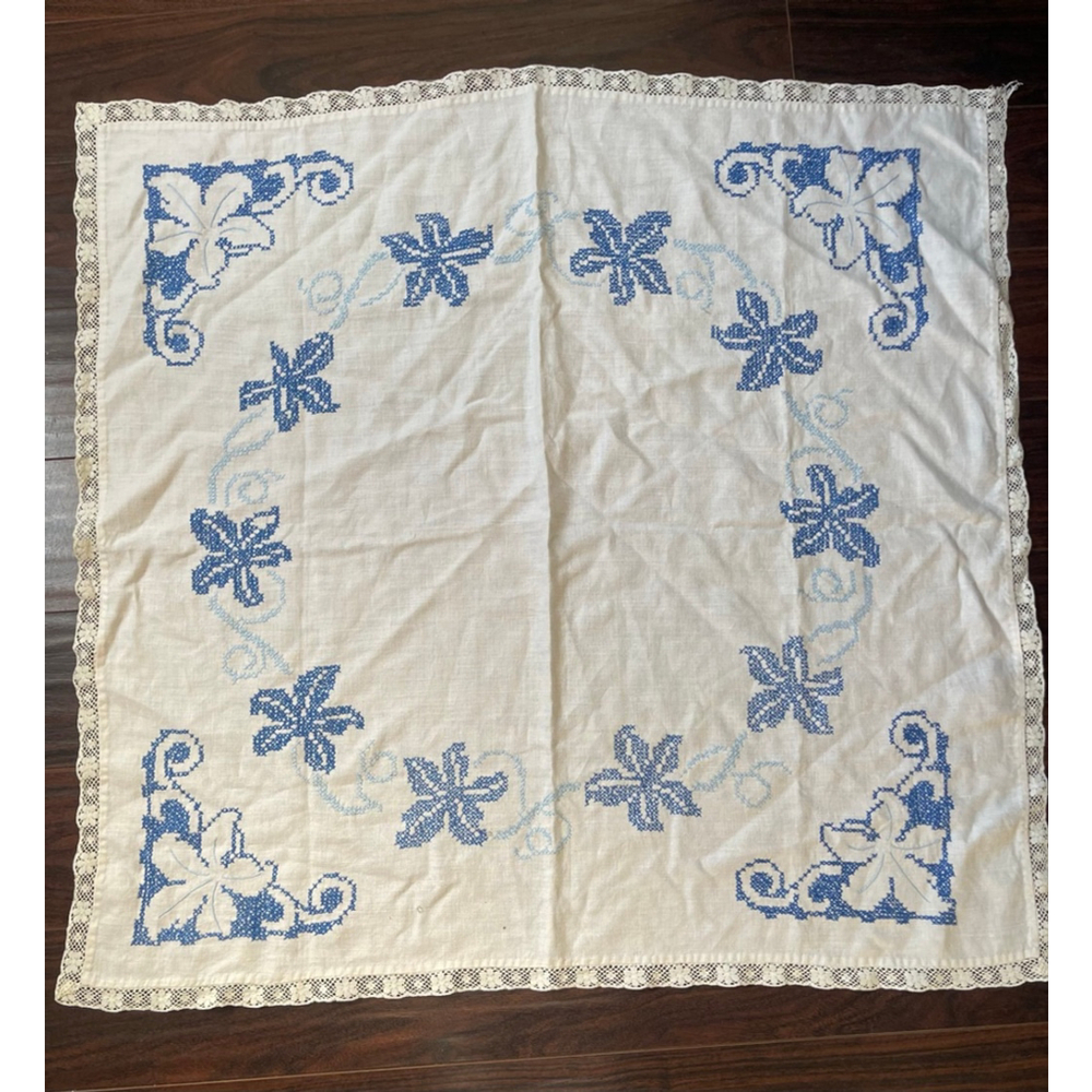 Vintage Linen Table Topper Blue Cross Stitch Floral Lace Trim 34x34 Cottage